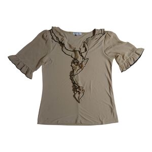 Emma & Olive Ruffle Sleeve Knit Beige V-Neck Women's Short Sleeve Blouse S